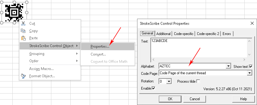 Setting up an Aztec barcode in Excel
