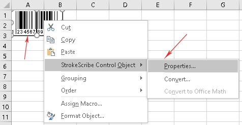 The barcode generator context menu