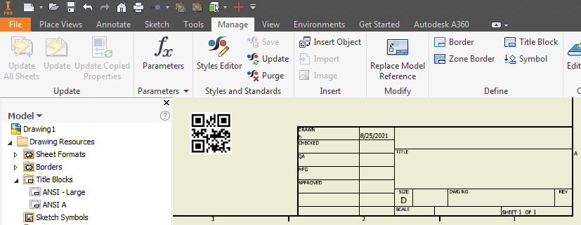A barcode picture inserted into an Inventor drawing