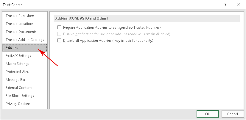 Add-in security dialog