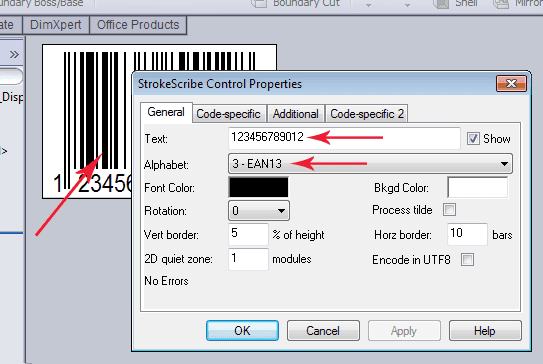 Barcode properties in SolidWorks